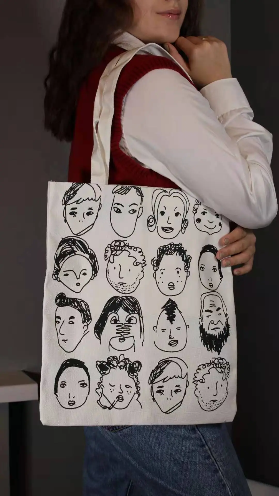 

Women Shoulder Bags Cartoon Canvas Figure Shopping Bags With Zipper Students Eco Reusable Casual Handbag Tote