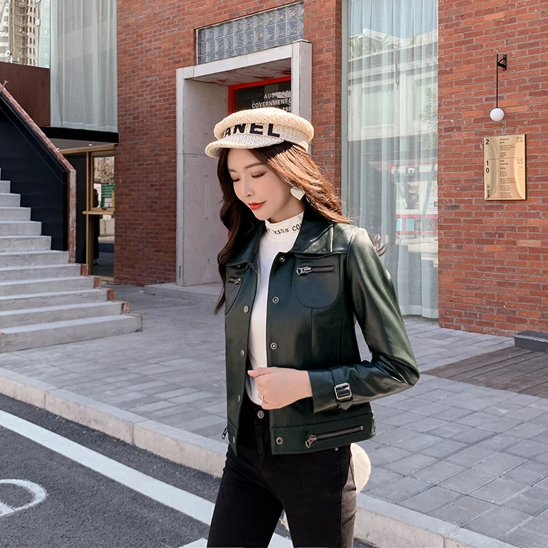 

JCHB 2021 Women's Leather Jacket Motorcycle Real Sheepskin Coat Female Short Coats and Jackets Spring Autumn Femme Veste Pph337
