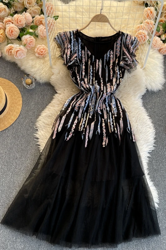 

2021 Summer Korean Fashion High-end Women Elegant Dress Black V-neck Off Shoulder Empire Party Dress Vestido De Mujer J222