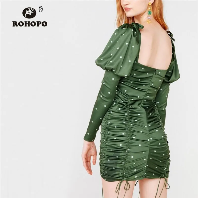 ROHOPO длинный Пышный рукав бант плечо драпировка Bodycon зеленый платье Белый полк точка Регулируемая длина квадратный воротник Vestido#6085