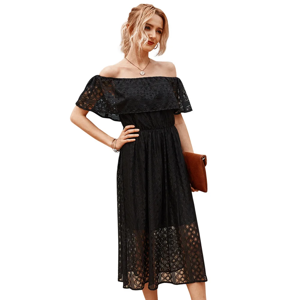 

2021 Summer New Women's off-Shoulder Dress Hollow Sexy Temperament Long Dress