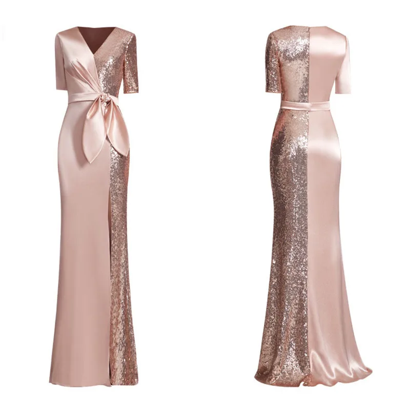 

Luxury Sequin Women Evening Long Dresses short Sleeve Robe De Soiree Ladies Formal Dress Sexy Side Split silm v-neck Party dress