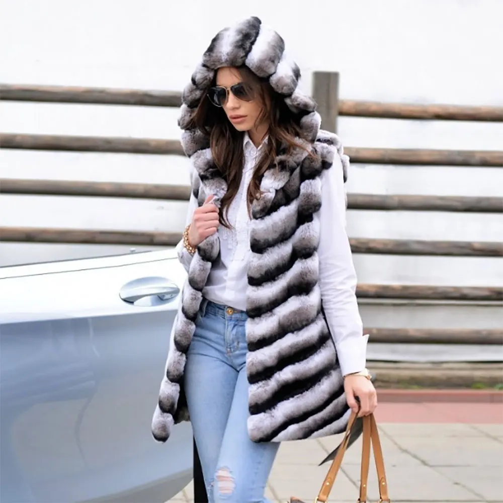 2021 модный пушистый жилет с капюшоном из натурального меха шиншиллы кролика рекс