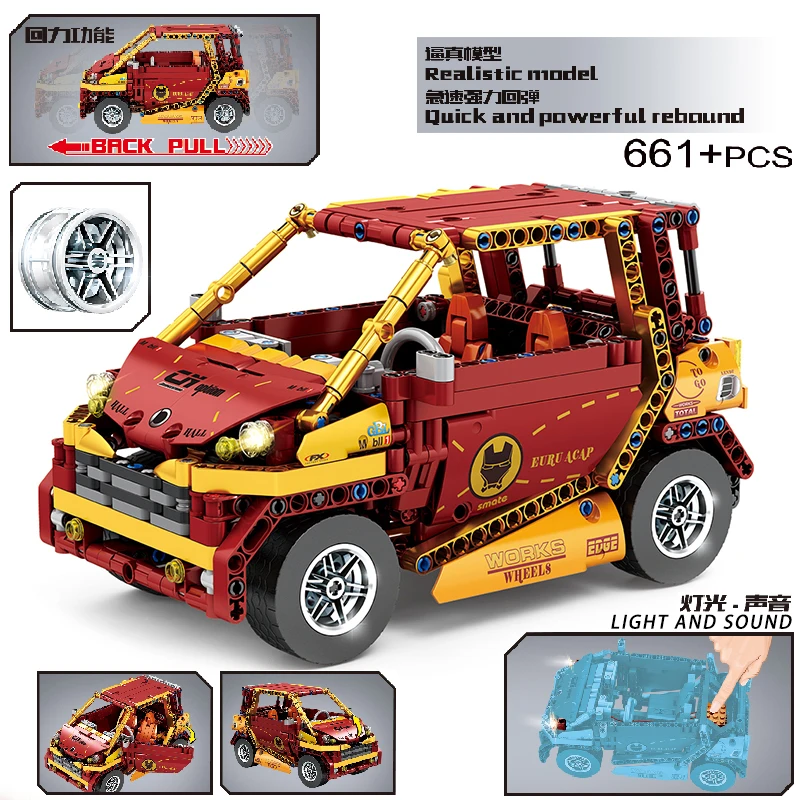 

MOC 661pcs Classic City Pull Back Mini Car With Light and Sound Building Blocks Model High-Tech Kids Toys DIY Bricks Gifts