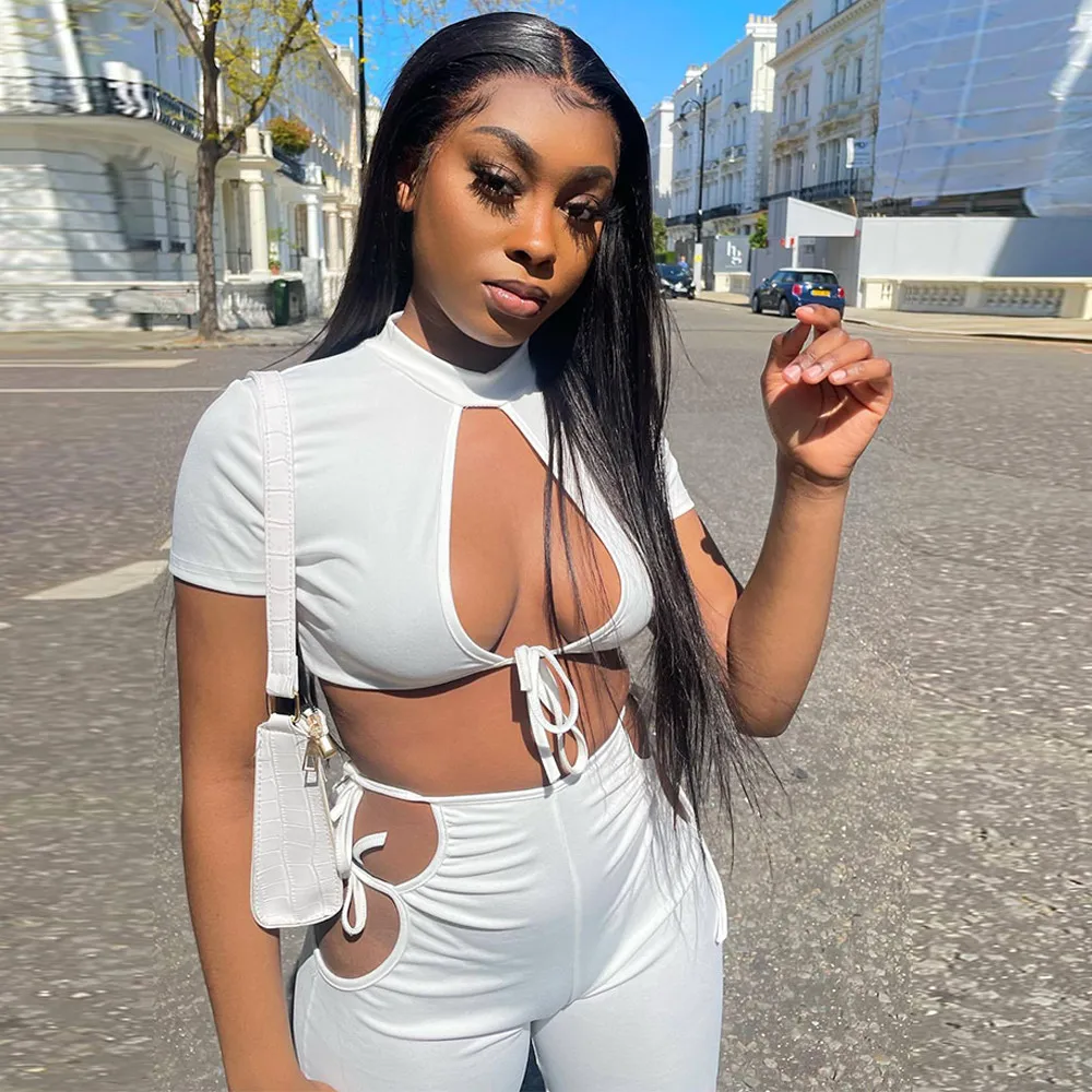 

Women Sexy Solid Color Two Piece Set Ladies Half High Collar Short Sleeve Hollow Crop Top and Side Bandage Skinny Short Outfits