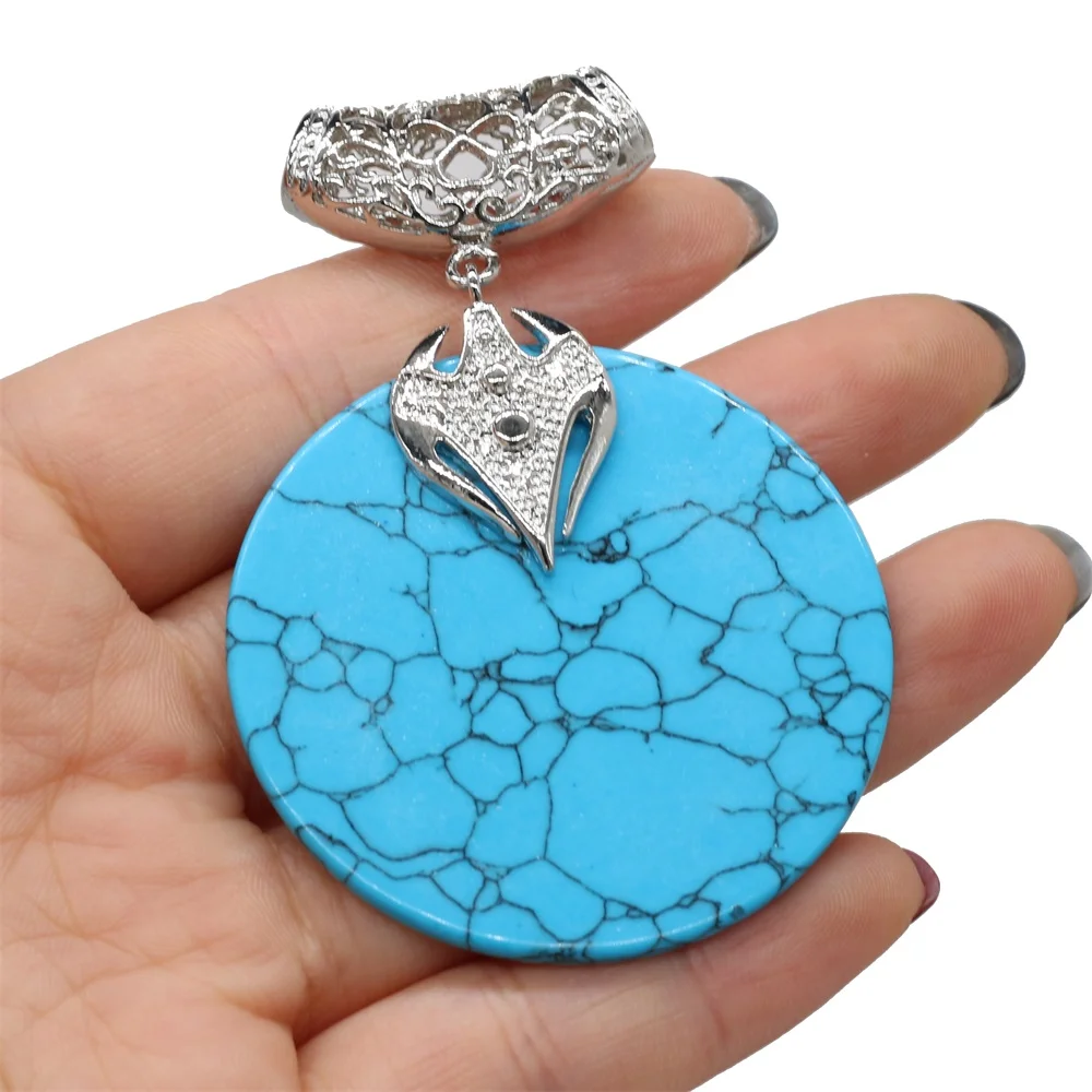

Natural Stone Pendant Vintage Round Slice Turquoises Pendant for Charms Jewelry Making DIY Necklace Earring 50x70mm