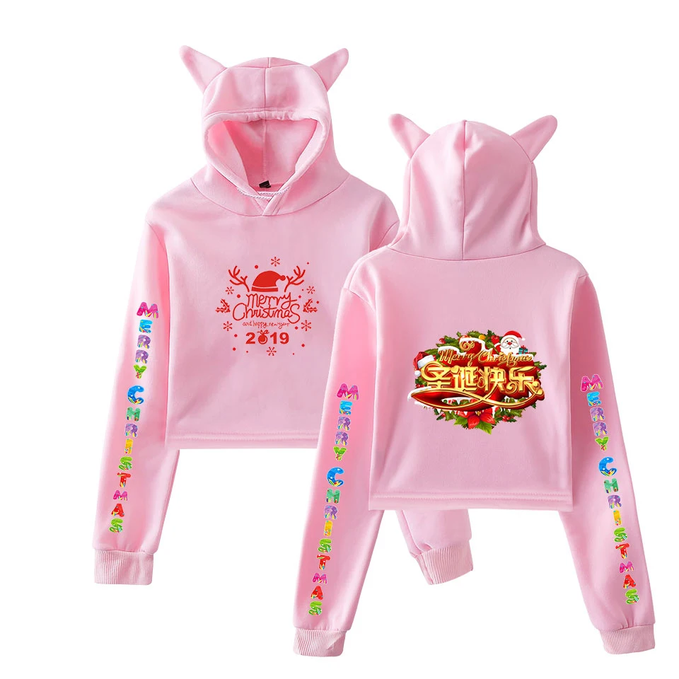 

Рождественские толстовки, женские сексуальные короткие толстовки, милые пуловеры с кошачьими ушками, Осенние повседневные толстовки, модн...