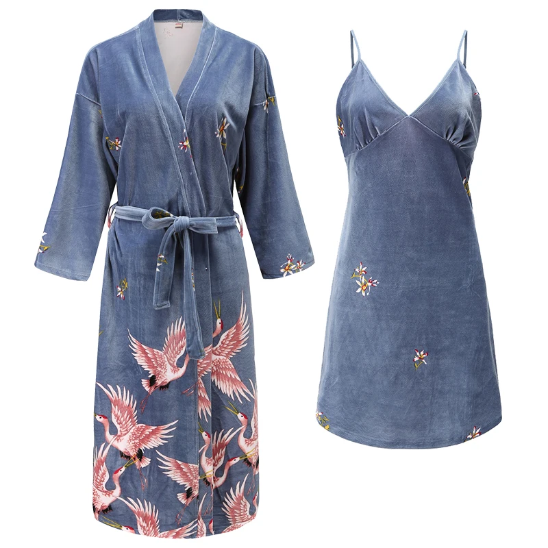 

(Robe+Nightgown)2 Pieces Women Robe Set pajamas Set Autumn&Winter Velour Sleepwear Nightwear Badgown Casual Homewear Wedding