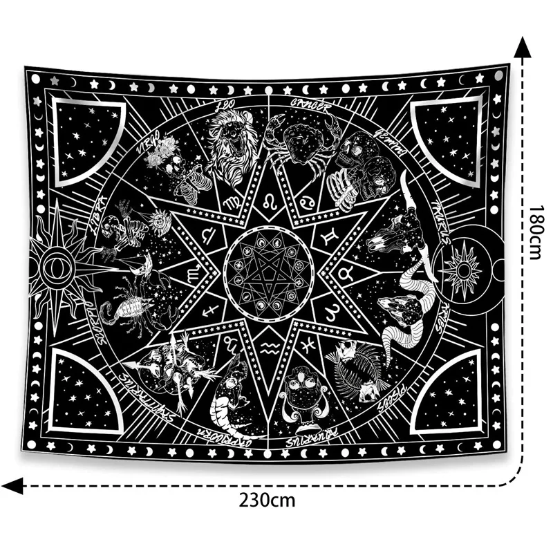

12 Constellation Tapestry Stars Sun Tarot Tapestry Black and White Hippie Celestial Bohemian Home Decor (180X230cm)