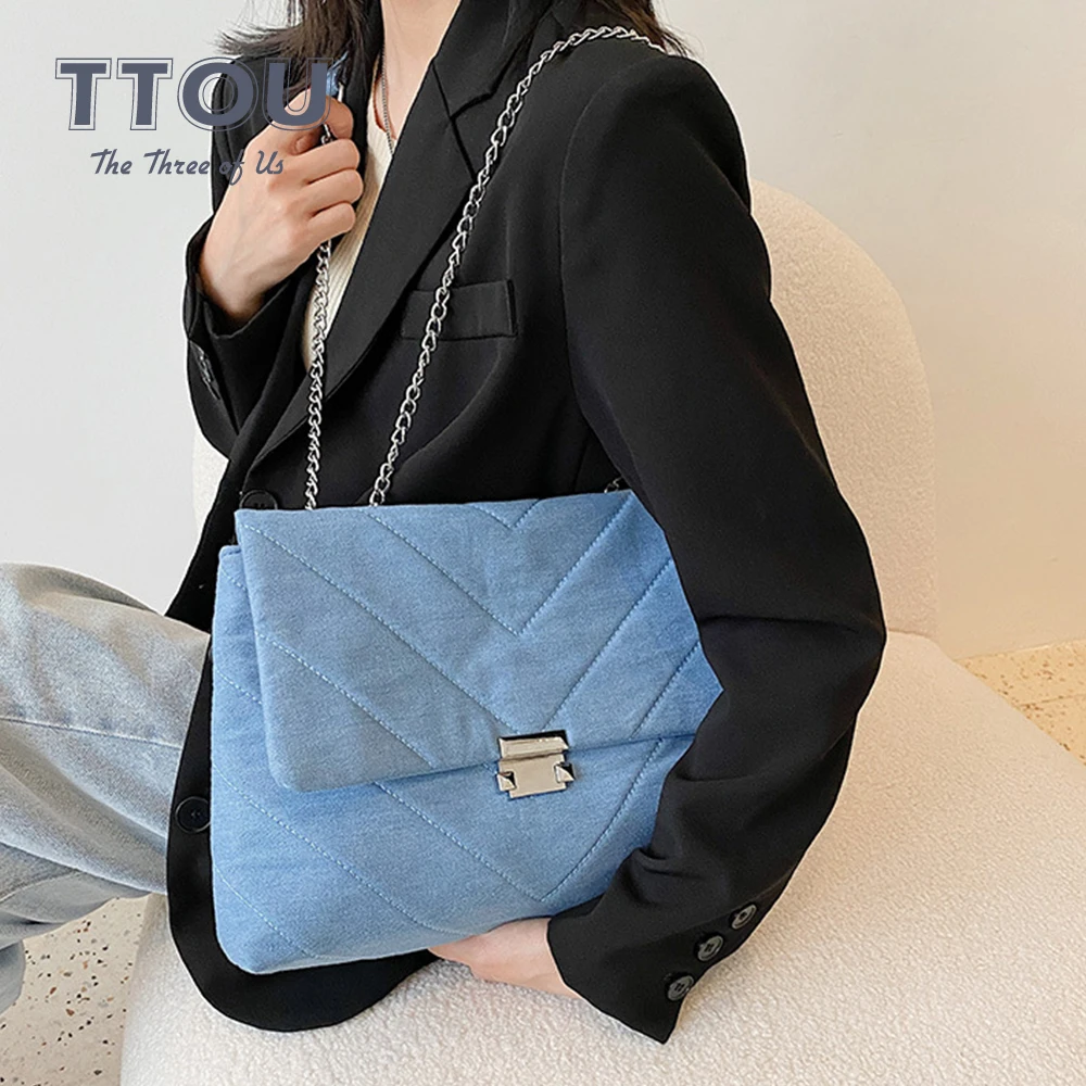 

V Shaped Blue Denim Shoulder Messenger Bags For Women Fashion Trendy Solid Color Female Crossbody Bags Vintage Ladies Handbags