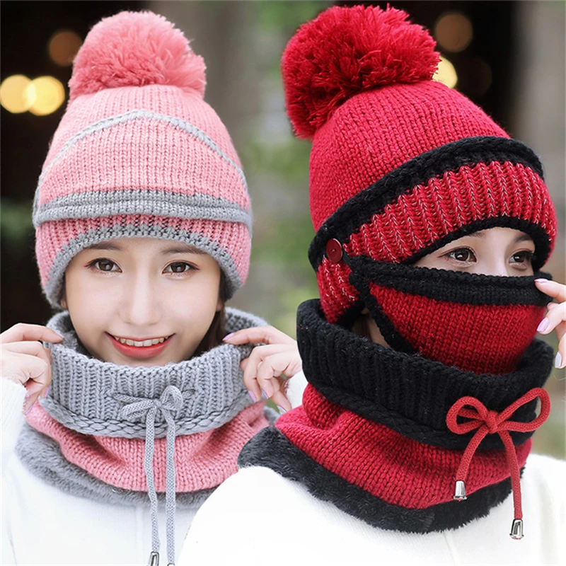 

Women Hat Winter Ear Protection Plush Thick Knitted Woolen Hat Thickened Warm Gloves Scarf Cap Pom Pom Hat