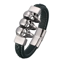 silver color stainless steel skull bracelets men green leather wristband magnetic buckle bangles punk jewelry accessories sp0835