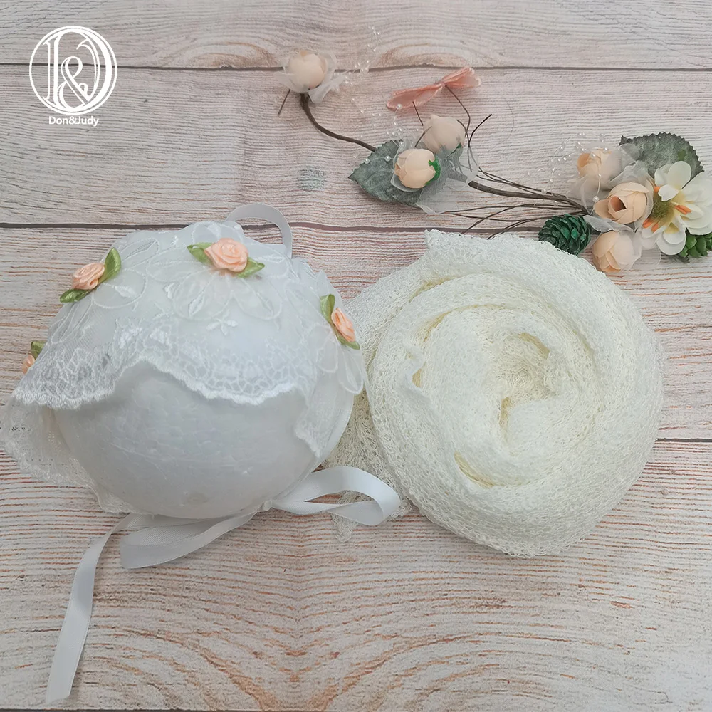 

Don&Judy 2pcs/Set Stretch Wrap with Matching Flower Hat Bonnet Newborn Photography Prop Accessories Photo Shoot for Baby Shower