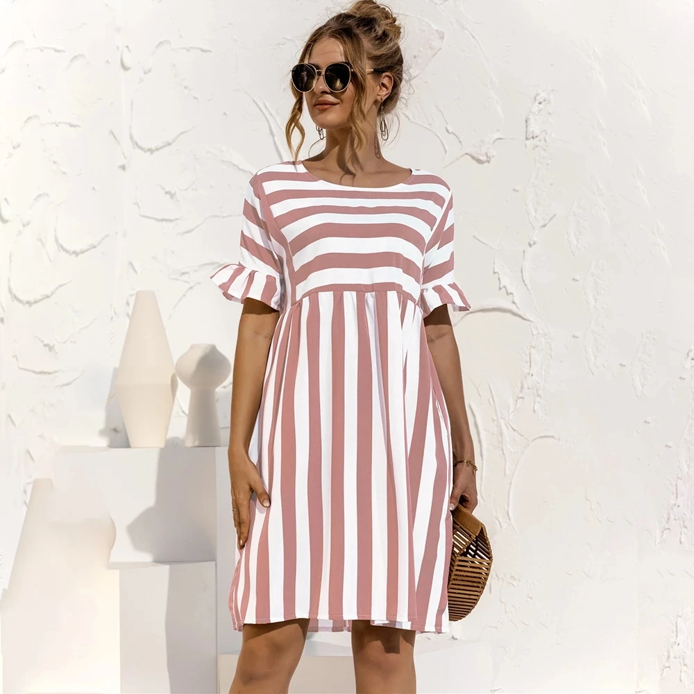 

2021 new summer women's A-line elegant pleated sleeve striped dress patchwork dress loose solid color short-sleeved dress