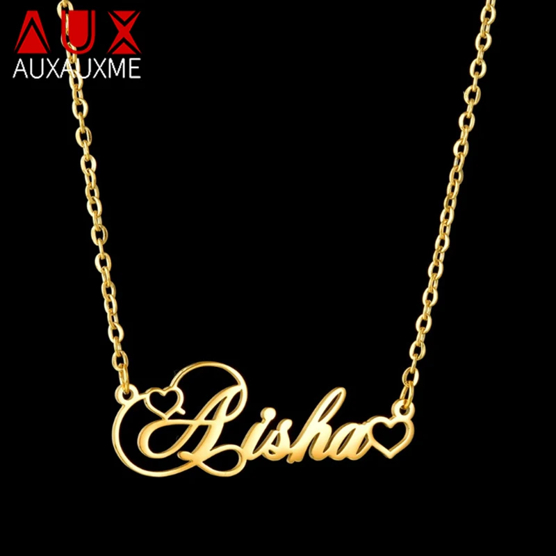 

Auxauxme Custom Double Empty Heart Name Necklace Stainless Steel Personalized Nameplate Choker Women Anniversary Christmas Gifts