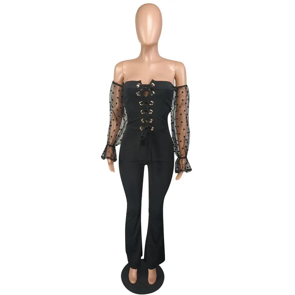 2020 Spring Sexy Sheer Mesh Hollow Out Bandage Night Party Jumpsuit Women Polka Dot Long Sleeeve Strapleless Outfit Rompers | Женская