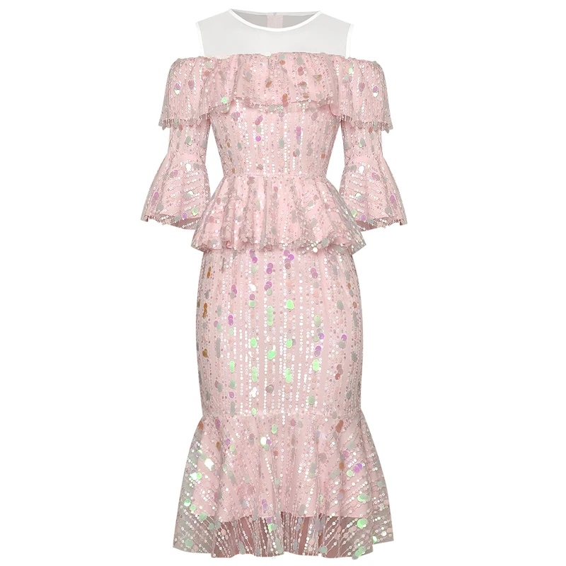 

Designer Fashion Summer New Women'S High Quality Mesh Sequin Embroidery Ruffle Patchwork Party Gorgeous Elegant Mermaid Dress