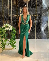 elegant sapphire green satin sleeveless prom dresses luxury v neck crystal pleat slit mermaid evening gowns robes de soir%c3%a9e