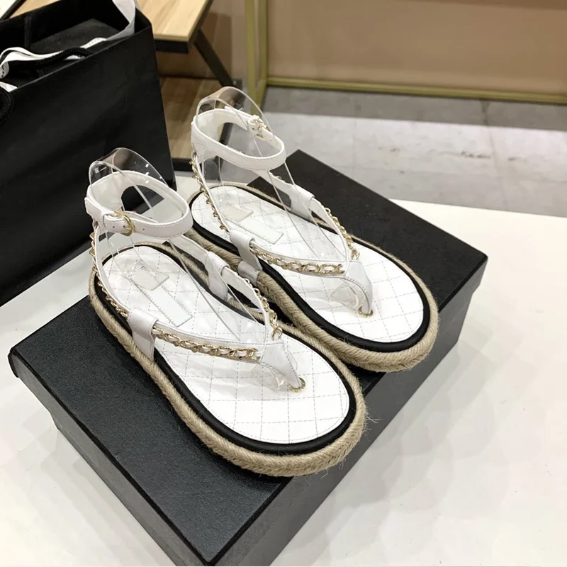 

2021 new designer brand ladies hemp rope braided sandals chain leather candy color summer shoes ankle straps fashion shoes