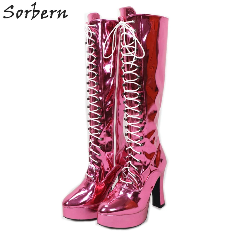 

Sorbern Metallic Block Heens Knee High Boots For Women Chunky High Heel Platform Unisex Crossdresser Boot Shoes Big EU Size 44