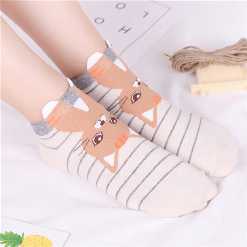 5 пар, Harajuku Ankel, короткие милые носки с котом, женские,, Мультяшные, с животным принтом, хлопчатобумажные забавные носки, пушистые, с 3D ушками, рождественские носки
