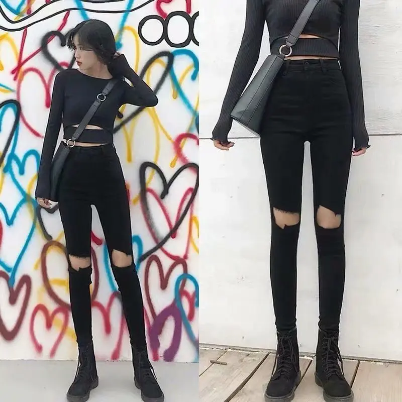 

Women Trousers High Waist Cool Skinny Hole Jeans Casual Stretch Denim Nine Harem Pants Y1