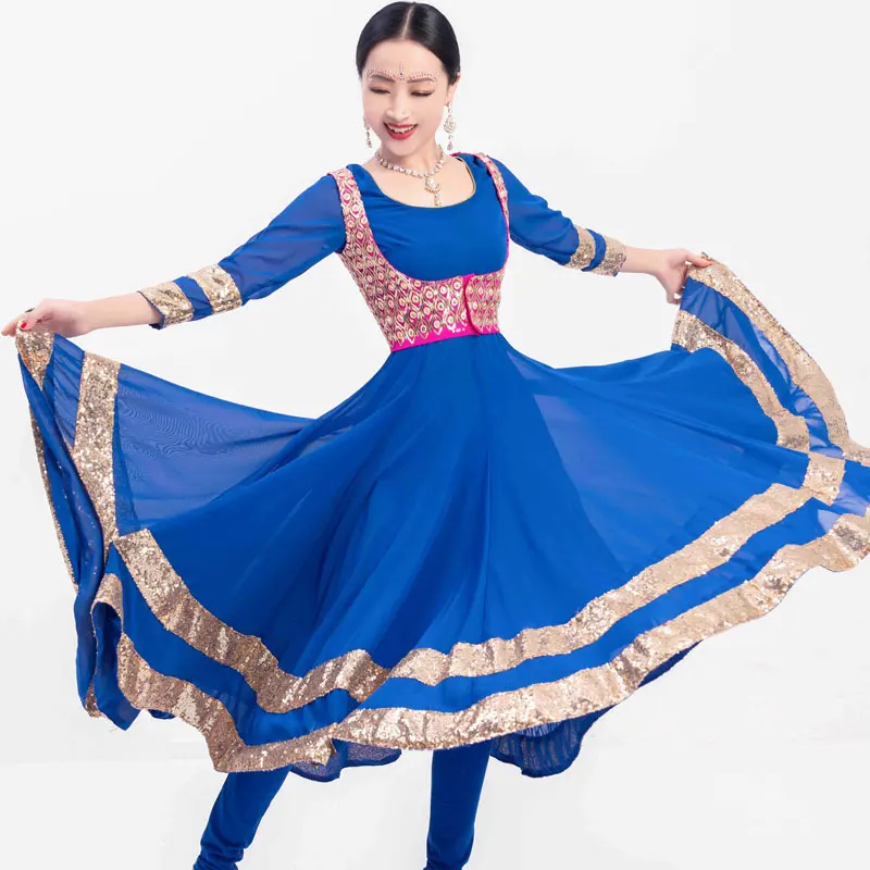 

Индийская танцевальная сценическая одежда, платье Анны, синяя/розово-красная женская танцевальная одежда, костюм для болливудских танцев ...