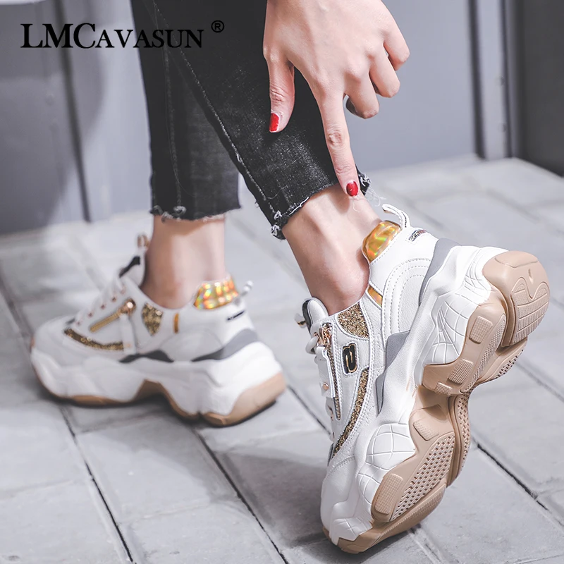 LMCAVASUN/блестящие женские кроссовки; модные zapatillas mujer; Повседневная дышащая обувь из натуральной кожи; женские кроссовки на массивном каблуке; chaussure