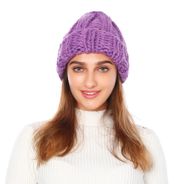 

Women Winter Knitted Hat Thick Soft Warm Coarse Large Knitted Solid Hat Female Ice Ski Bonnet Skullies Hat Cap