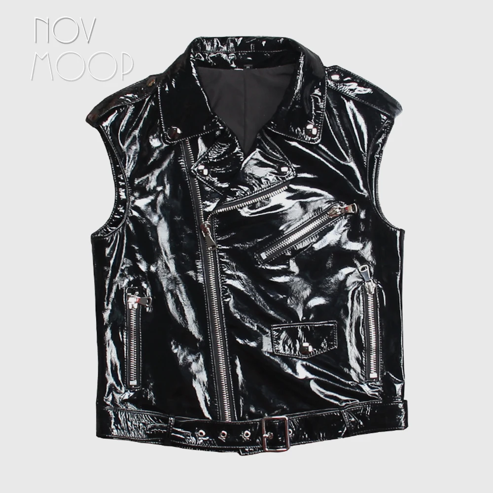 Novmoop 2020 new fashion style summer glossy patent sheepskin genuine leather vest women sleeveless tops vetement femme LT3177