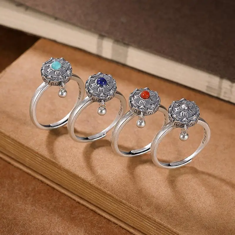 

Original S925 Sterling Silver South Red Lapis Lazuli Six Words Mantra Tibetan Buddhism Prayer Wheel Women's Opening Ring Ring