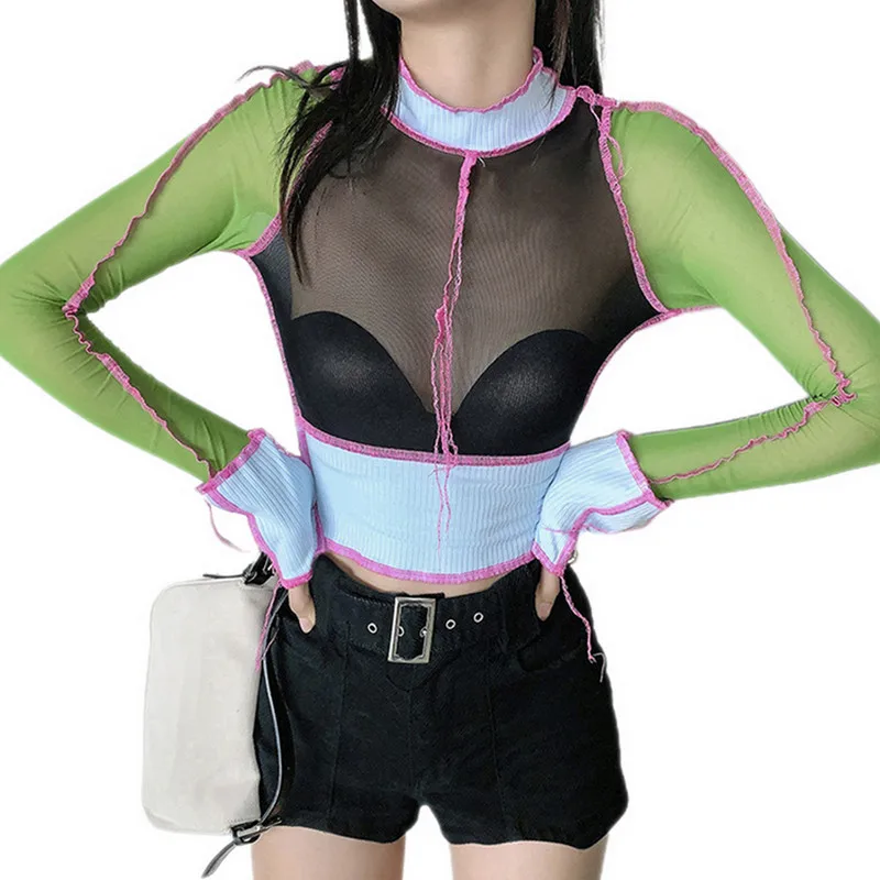 

Spring Women Fashion Long-Sleeved T-shirt Sexy High Neck Perspective Color Contrast Mesh Yarn Stitching Short Crop Tops 2020 New
