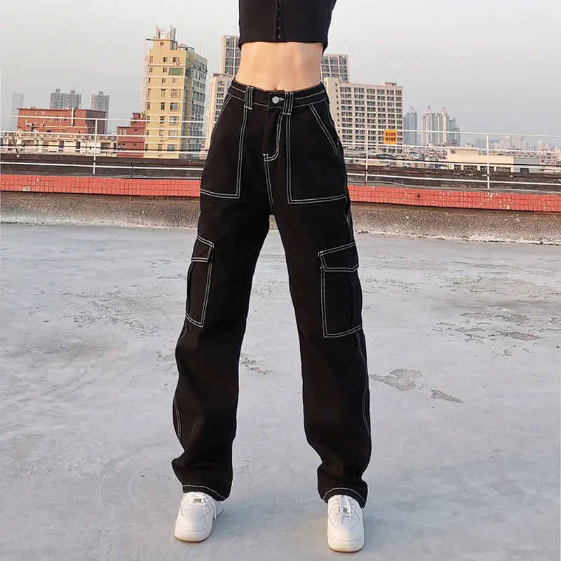 Casual Black Jeans New Fashion Double Pocket Straight Y2k Aesthestic Hip Jop Style Trendy High Waist Fit Wide Leg Denim Trousers
