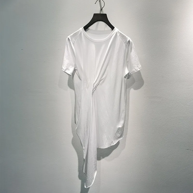 

Streetwear Designer Summer Asymmetrical Short Sleeve T-Shirt Women Slim Fit Pleated White Black Cotton T-Shirts 2021 Female Tops