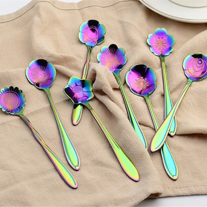 

1pc Colorful Stainless Steel Spoon Sunflower Plum Blossom Rose Coffee Spoon Teaspoon Kitchen Accessories