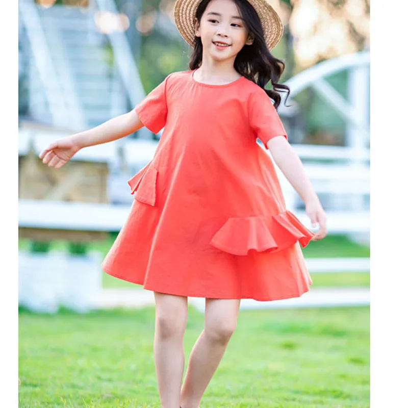 Платья для девочек-подростков свободные хлопковые короткие платья оранжевого