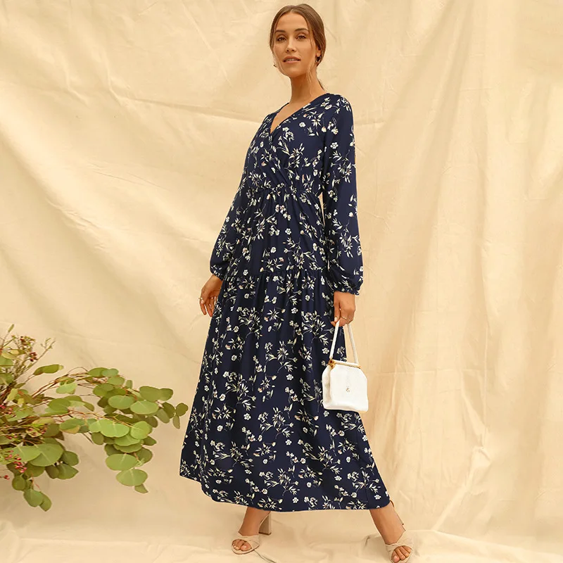 

Popular European and American women autumn and winter V-Neck long sleeve printed skirt Long Floral Dress plus size Y2K Clothing