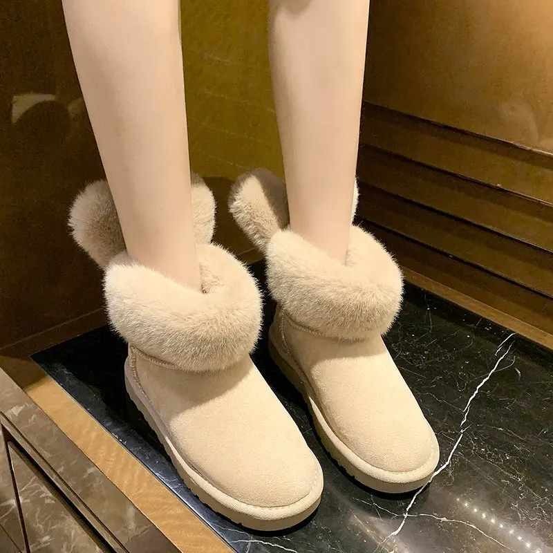 Fashion The New Snow Boots Women Winter Flock Ankle Rabbit ears Slip-On Round Toe Low (1cm-3cm) Flat With Plush Solid Keep Warm