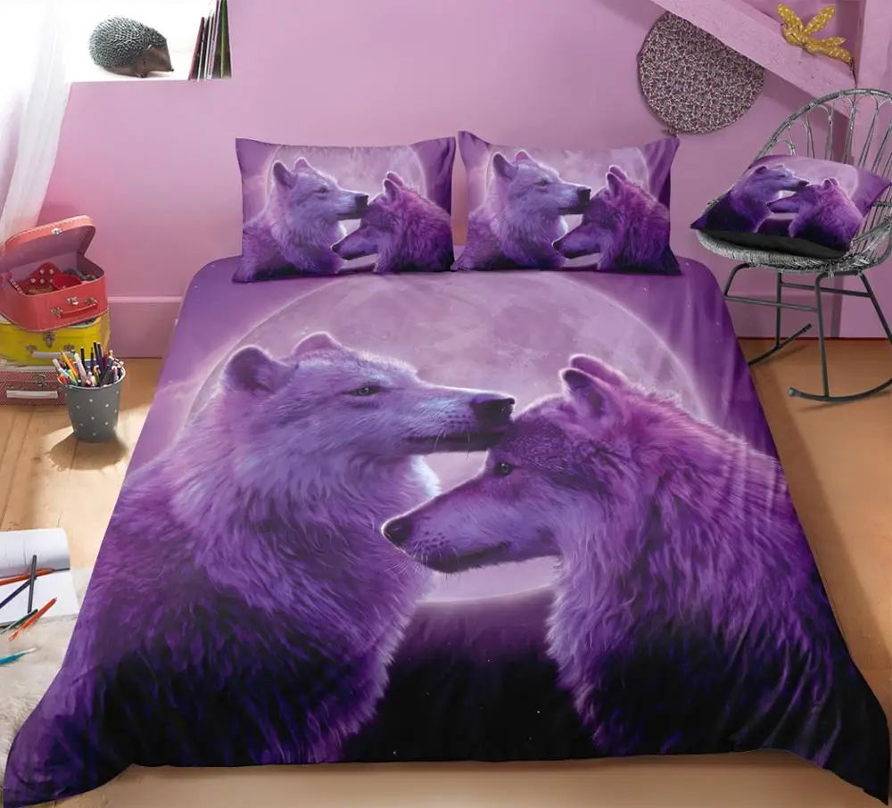 

3D Hot sale Purple couple Wolf printing Bedding set duvet cover set Twin Full Queen King sizes Bedclothes