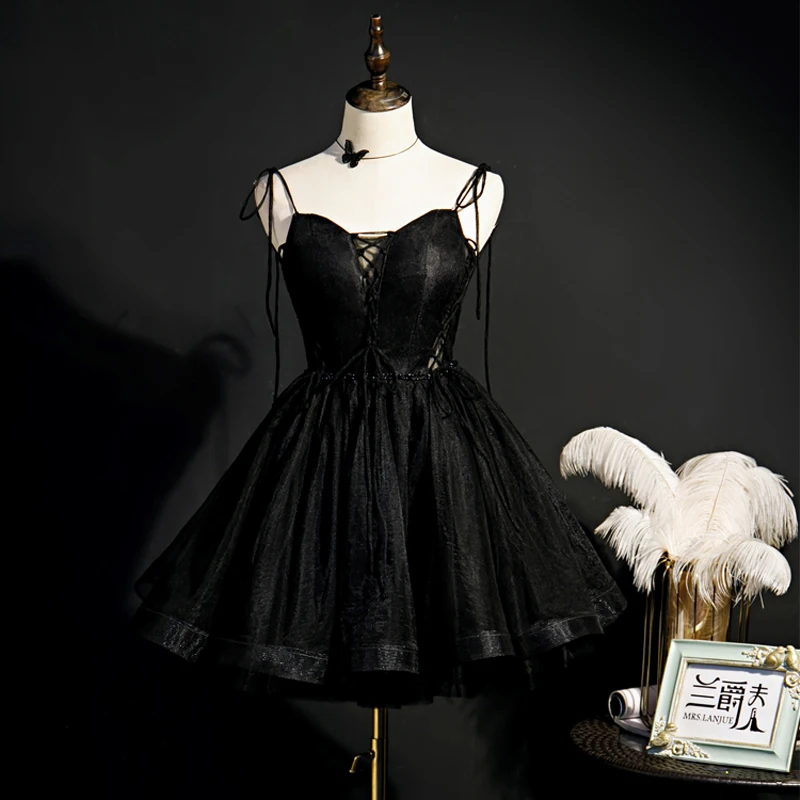 

Платье-трапеция женское черное на тонких бретелях, без рукавов, выше колена, для выпускного вечера, B782