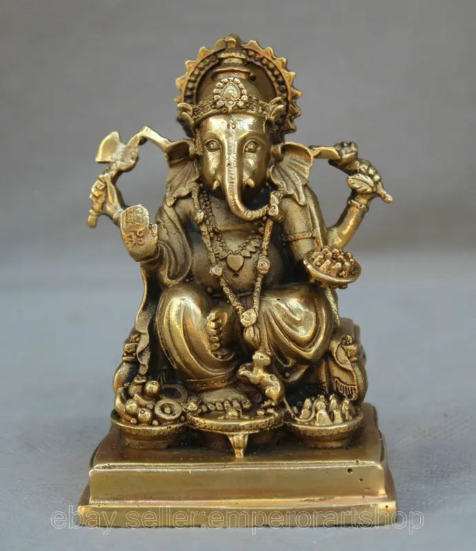 

4" Tibet Brass Seat Ganesh Lord Ganesha Elephant God Buddha Figure Statue