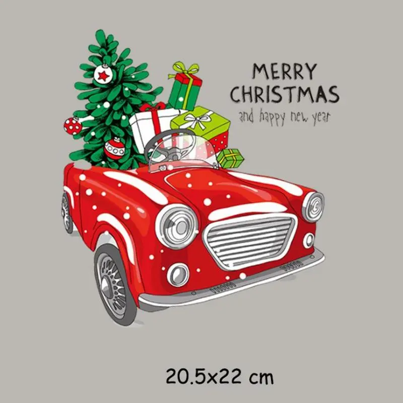 

20.5x22cm Merry Christmas Tree Car Iron On Patches For DIY Heat Transfer Clothes T-Shirt Thermal Stickers Decoration Printing