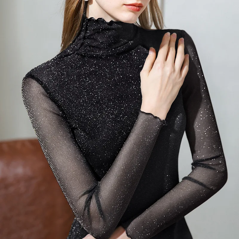 

Cashmere thickened high collar net bottomed shirt with long sleeve T-shirt for women in autumn and winter