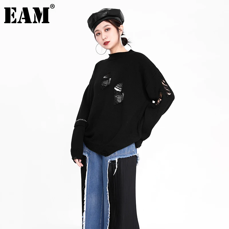 

[EAM] вязаный свитер большого размера с отверстиями, свободный крой, круглый вырез, длинный рукав, женские пуловеры, новая мода осень-зима 2022 ...