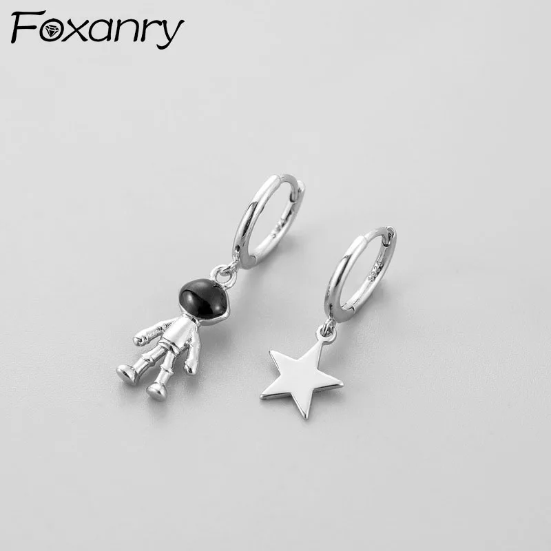 

Foxanry Prevent Allergy Silver Color Hoop Earrings for Women New Trendy Sweet Cute Asymmetry Star Party Jewelry Girl Gift