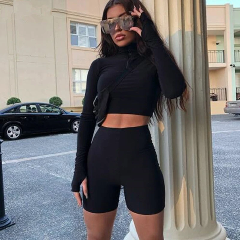 

GAOKE New Female Fluorescence Fitness Two Pieces Sets 2022 Autumn Full Sleeve Zipper Turtleneck Tops And High Waist Shorts Suits