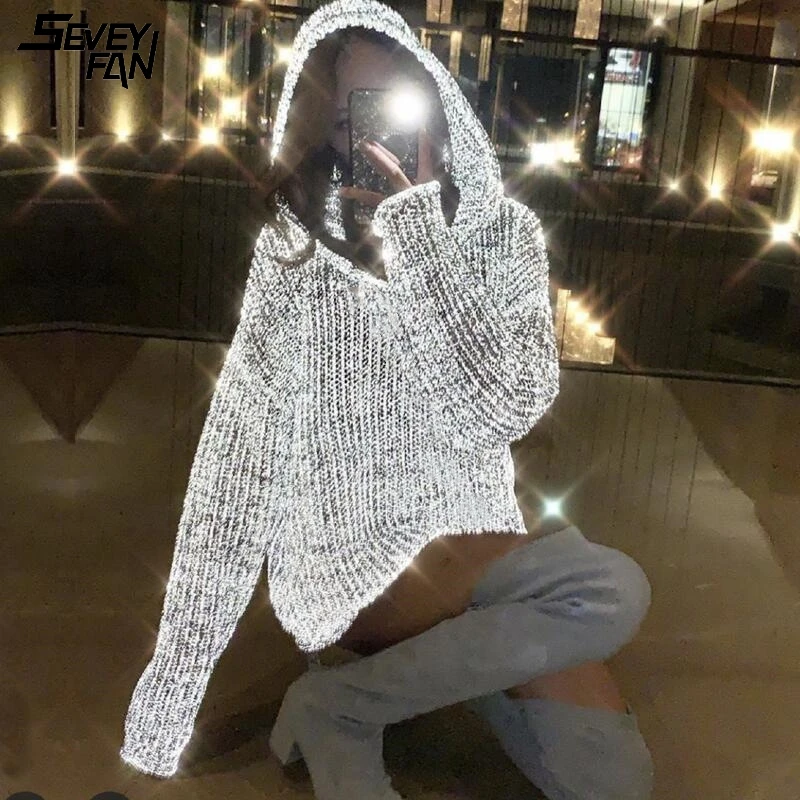 

Women Hip Hop Sweaters 3M Reflective Streetwear Oversized Hooded Pullover Knitter Fashion Hollow Out Sexy Knit Sweater