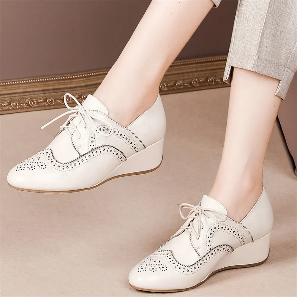 spesifikasi Sepatu Oxford Kasual Wanita Berenda Kulit Asli Wedges Sepatu Bot Pergelangan Kaki Perempuan Ujung Bundar Rendah Atas Sepatu Pump Ukuran AS 3-Ukuran AS 10.5