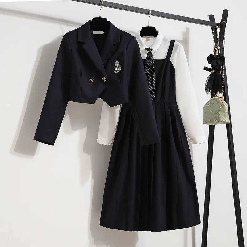 

Artistic Fresh Preppy Style White Suit Shirt Small Suit Jacket Women's Strap Dress Early Autumn New