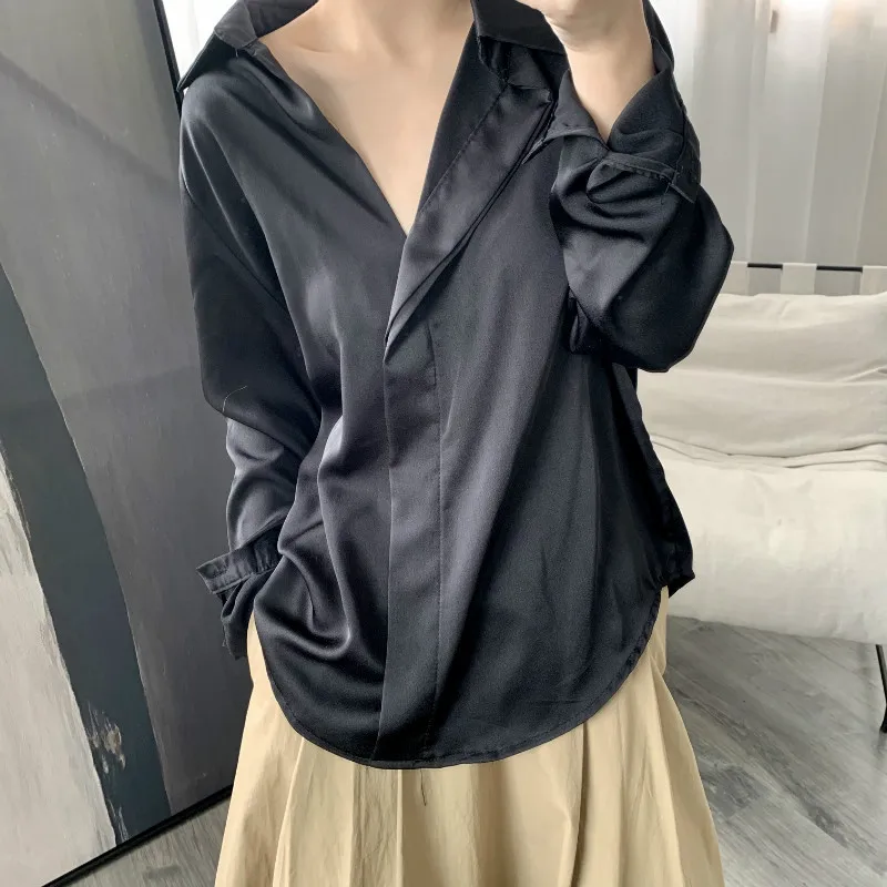 

HXJJP 2021 Spring Autumn New Women's Satin Shirt Solid Color Female Casual Turn-down Collar Blouse and Top Women
